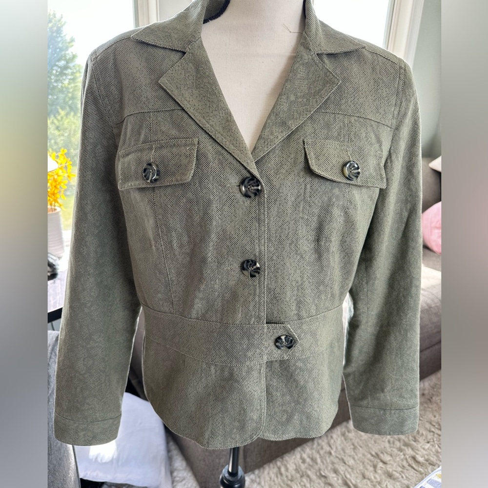 Worthington Blazer Jacket Sage Green Tweed Button Up Pocket Lined Women Size 14